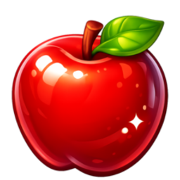 a shiny red apple with a green leaf