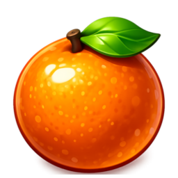 a round orange with a green leaf