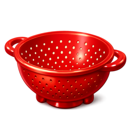 a red plastic colander, a bowl with many small holes