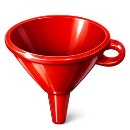a red plastic kitchen funnel, wide at the top and thin at the bottom
