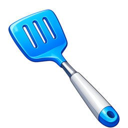 a blue kitchen spatula with a wide flat end and a white handle