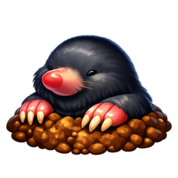 a dark gray mole looking out of the soil