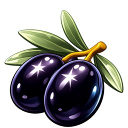 two dark olives on a branch with leaves