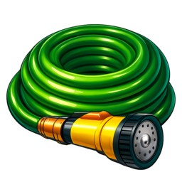 a green garden hose with a yellow nozzle