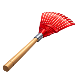 a red leaf rake with a wooden handle