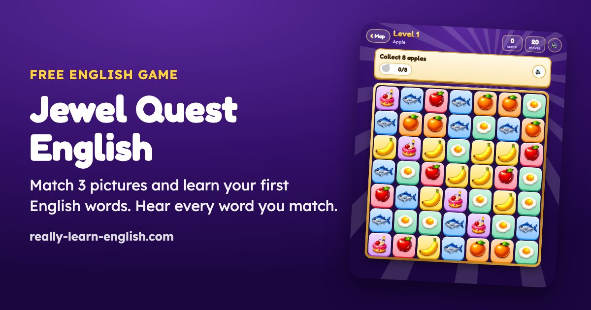 Jewel Quest English, a match-3 game: match pictures of an apple, a fish and a banana to learn the words