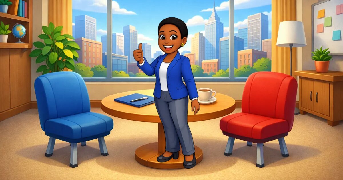 Say It Right: a job interviewer in an office gives a thumbs up
